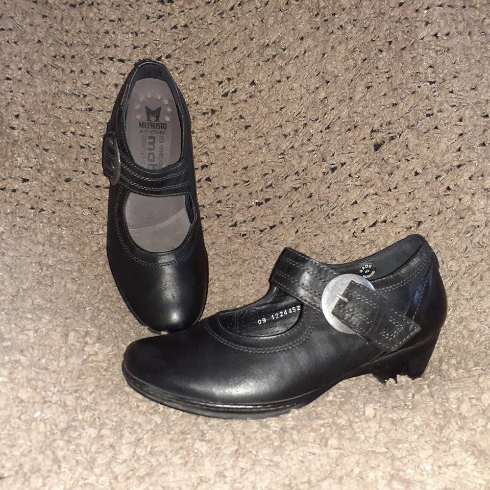 MEPHISTO-Air Relax-Black Leather Mary Janes-Buckle-Size 6.5-Excellent - Picture 1 of 7
